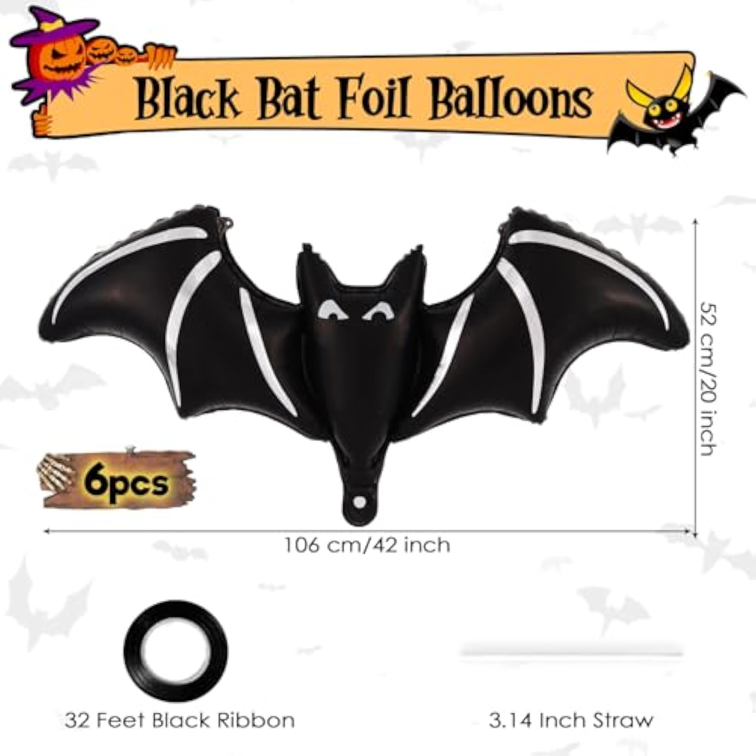 6 Pcs Giant Black Bat Balloons, 48 Inch Mylar for Halloween Party Decor