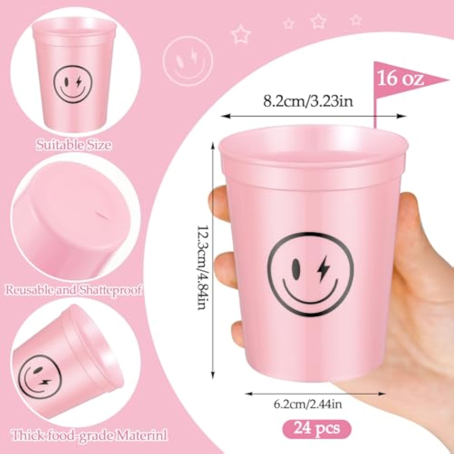24 Pcs Smile Pattern Drink Cups Smile Face Plastic Cups 16 Oz Reusable For Kids First Birthday Party Picnics Sports Event Wedding Bachelorette Decorations (Funny)