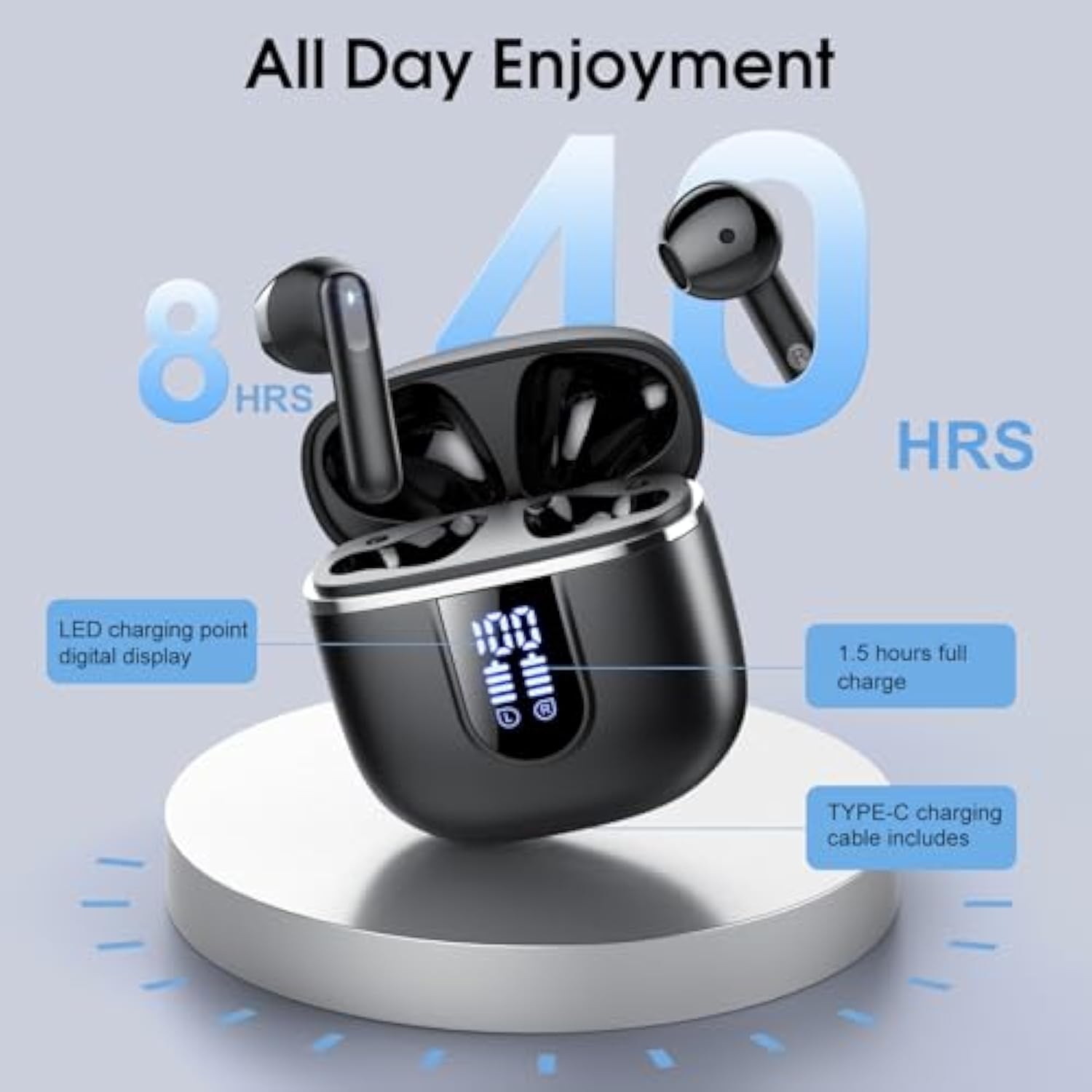 Wireless Earbuds, 2025 Bluetooth 5.4 Headphones In Ear Buds, 40H Hifi Stereo Bluetooth Earbuds With 4 Enc Noise Cancelling Mics, Ip7 Waterproof Earphones With Dual Led Display Usb C, Mini Ultralight