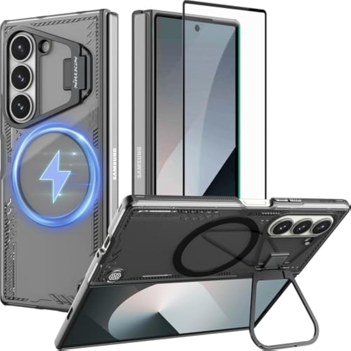 [New Material For Samsung Galaxy Z Fold 6 Case, Built-In Hd Screen Protector & Adjustable Camera Kickstand, Slim Clear Magnetic Phone Case For Samsung Galaxy Z Fold 6, Black