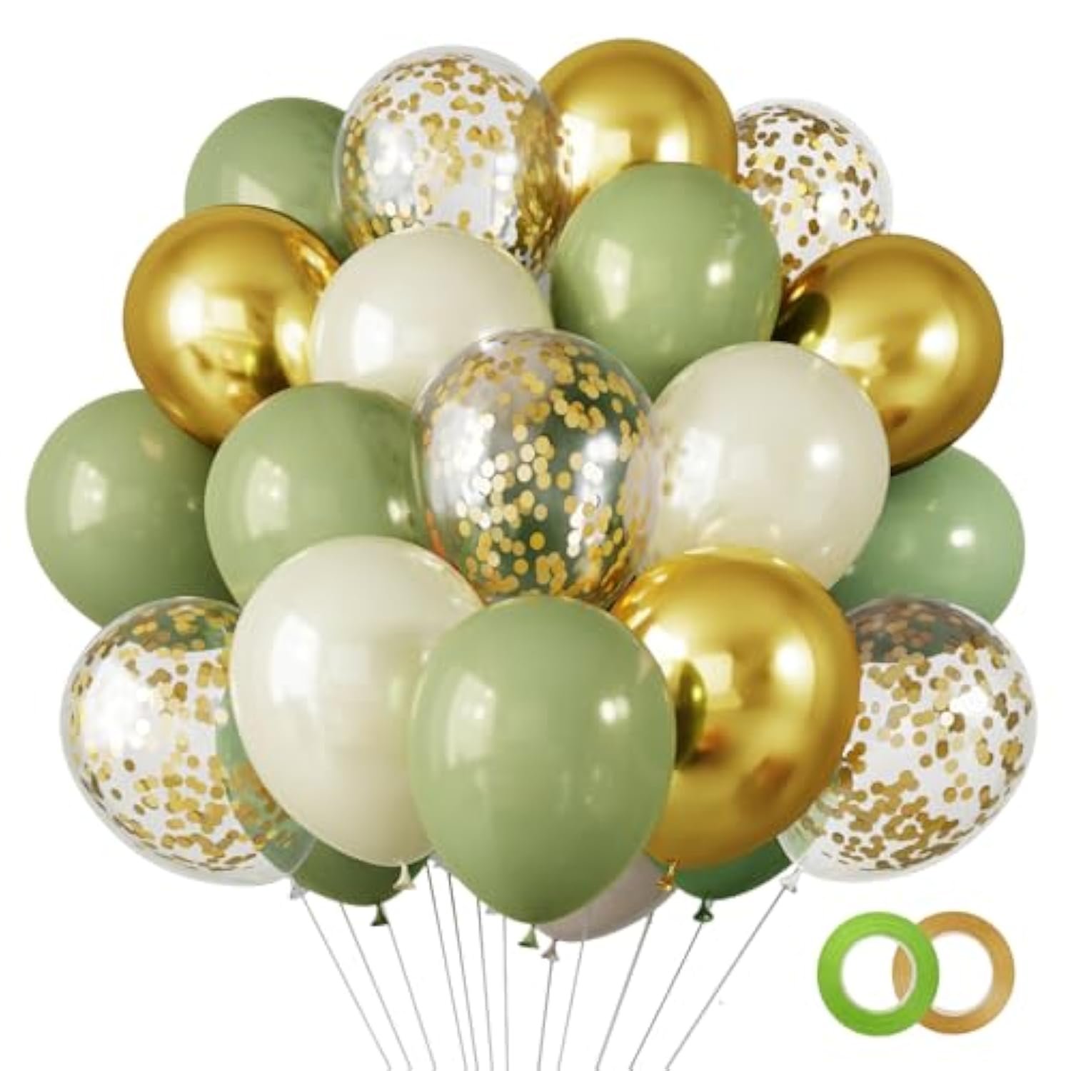 65 Pcs 12 Inches Sage Green Gold Confetti Balloons Kit, Green Gold Sand White Party Balloons With Ribbons For Tiana Birthday, Wedding, Baby Shower, Graduation, Eucalyptus Party Decorations