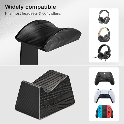 Headset Stand with 2 Controller Holders - Solid Wood & Metal Gaming Headphone Holder for Switch, Controllers, and Desk Accessories (Black)