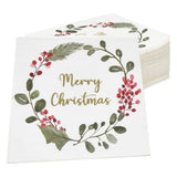 Christmas Napkins 100 Pack – Disposable Paper Beverage Cocktail Napkins With Gold Merry Christmas Wreath For Holiday Party Decor