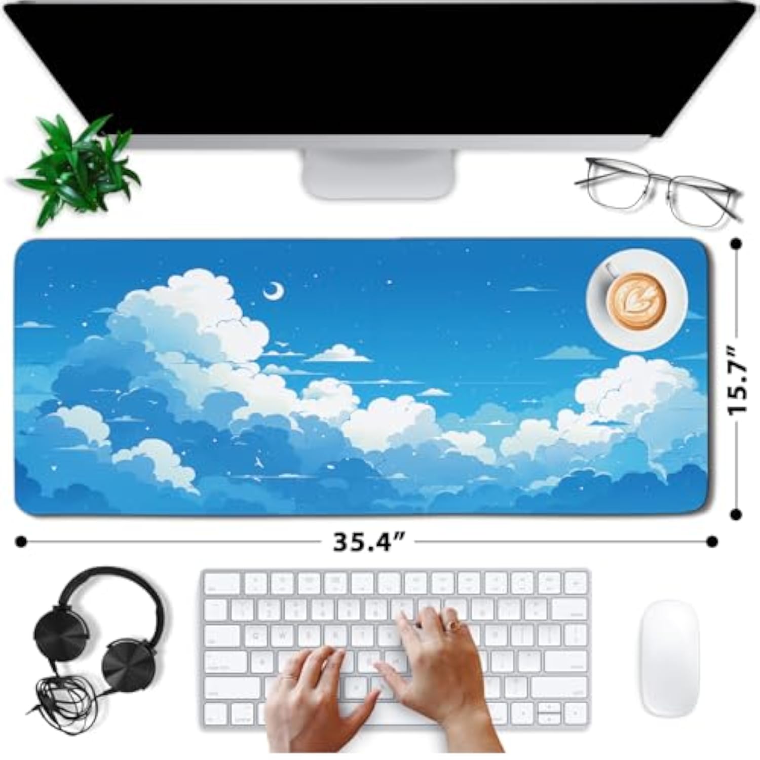 Cloud Gaming Mouse Pads Extra Large, Cloud Aesthetics Mousepad With Non Slip Base Stitched Edges, Extended Desk Mats For Computer Laptop Decor, Blue Sky Keyboard Pad For Home Office 15.7”X 35.4” Xxl