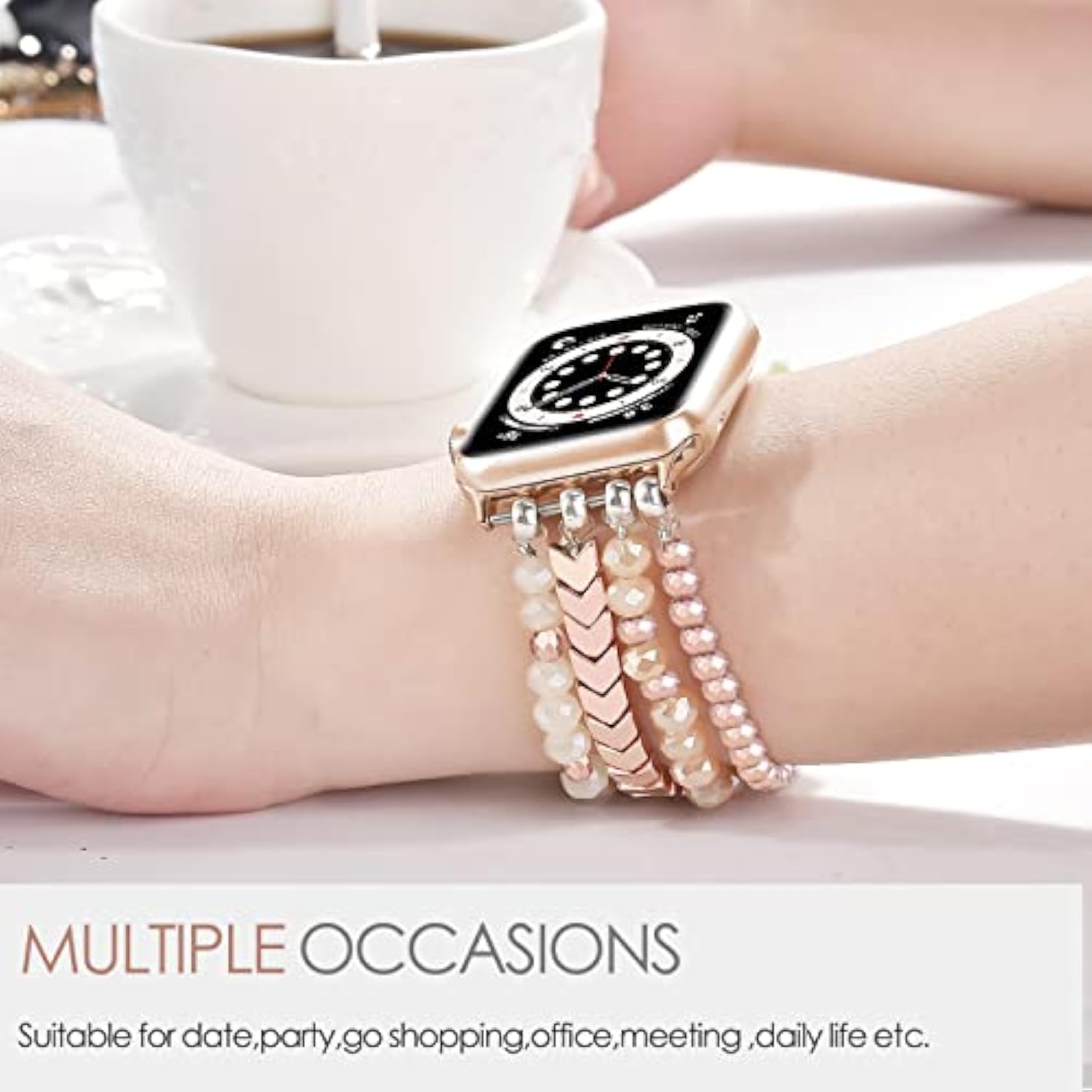 Beaded Bracelet Compatible With Apple Watch Band 38Mm/40Mm/41Mm/42Mm?Series 10? 9/8/7/Se/6/5/4/3/2/1 Women Fashion Handmade Elastic Stretch Strap For Iwatch Bands Replacement Rose Gold