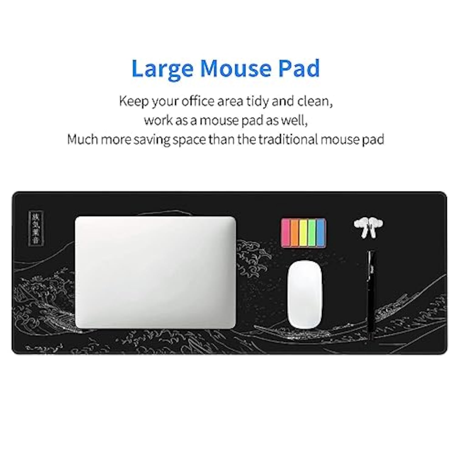 Japanese Gaming Mouse Pad Black Mouse Pad Kanagawa Large Mousepad Nonslip Rubber Base Waterproof With Stitched Edges For Gaming Office Home, 31.5X11.8 Inch (Black Wave)