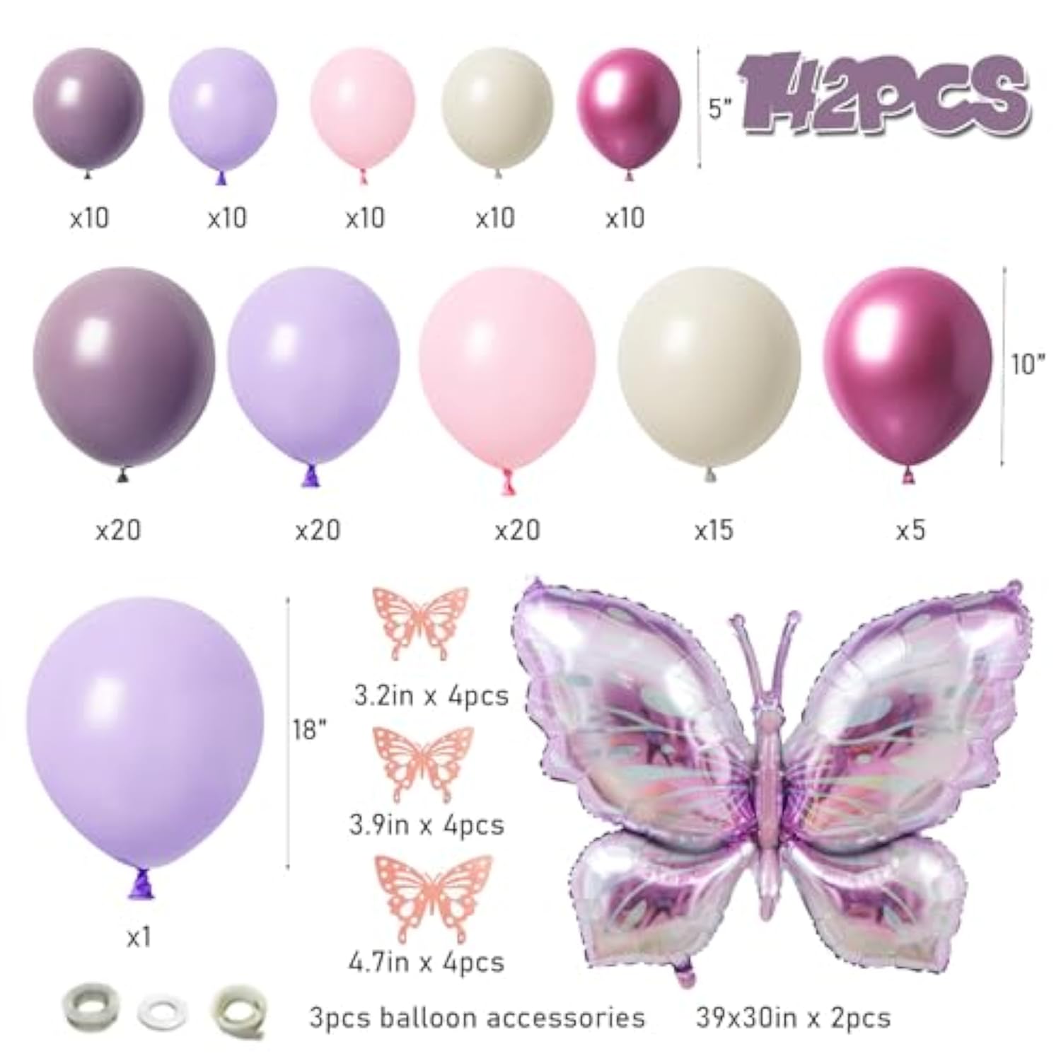Butterfly Balloon Arch Kit - 142Pcs Pastel Pink & Purple Balloons With Butterfly Stickers & Large Foil Balloons For Girl'S Baby Shower, Wedding, Birthday Party Decorations