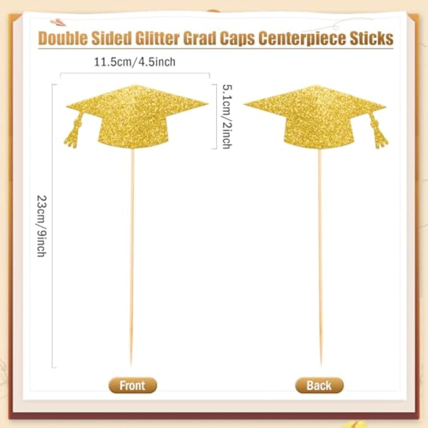 12 Pieces Double Sided Glitter Graduation Centerpiece Sticks, Grad Caps Centerpiece Sticks For Class Of 2026 High School College Graduation Party Gold