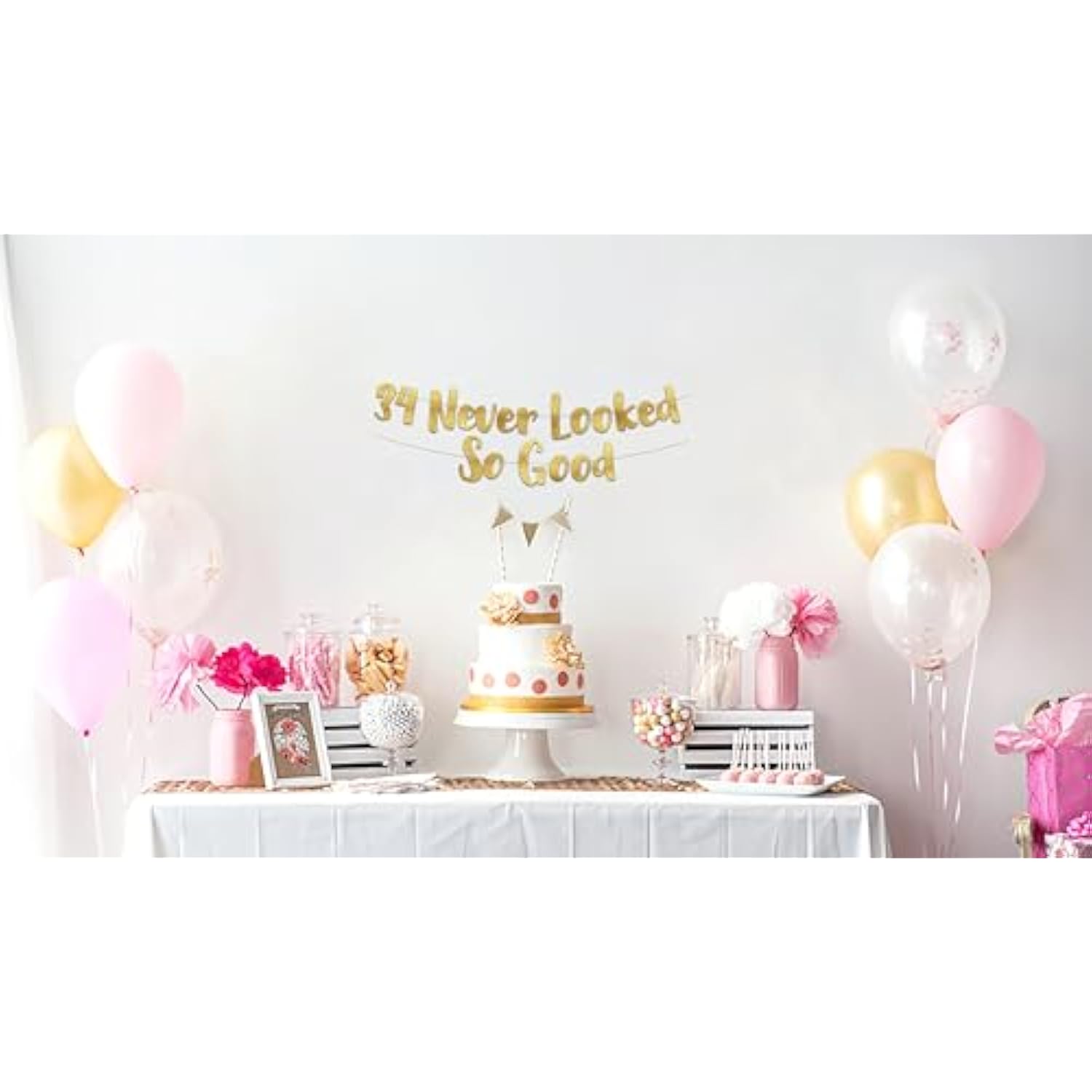 34 Never Looked So Good Gold Glitter Banner - 34Th Anniversary And Birthday Party Decorations