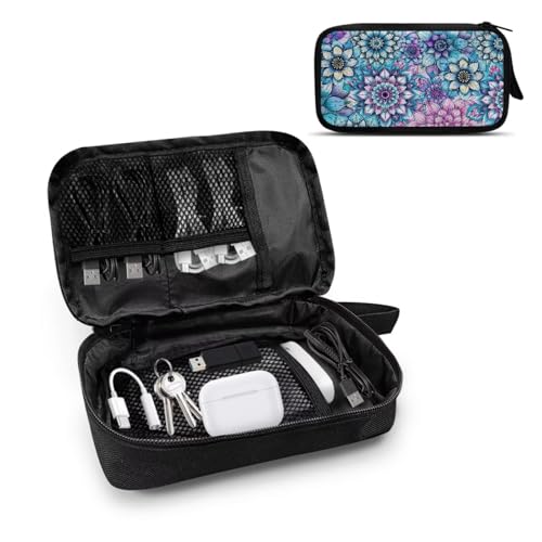 Purple Boho Flower Print Large Electronics Organizer, Travel Cord Organizer, Cable Storage Bag, Tech Accessories Case