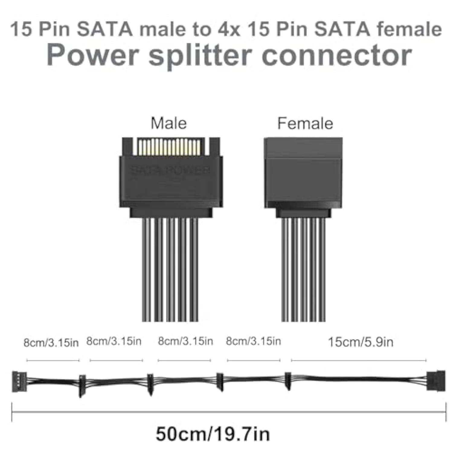 Sata Power Cable 19.7 In (500 Mm) - 15 Pin Sata 1 Male To 5 Female Power Split