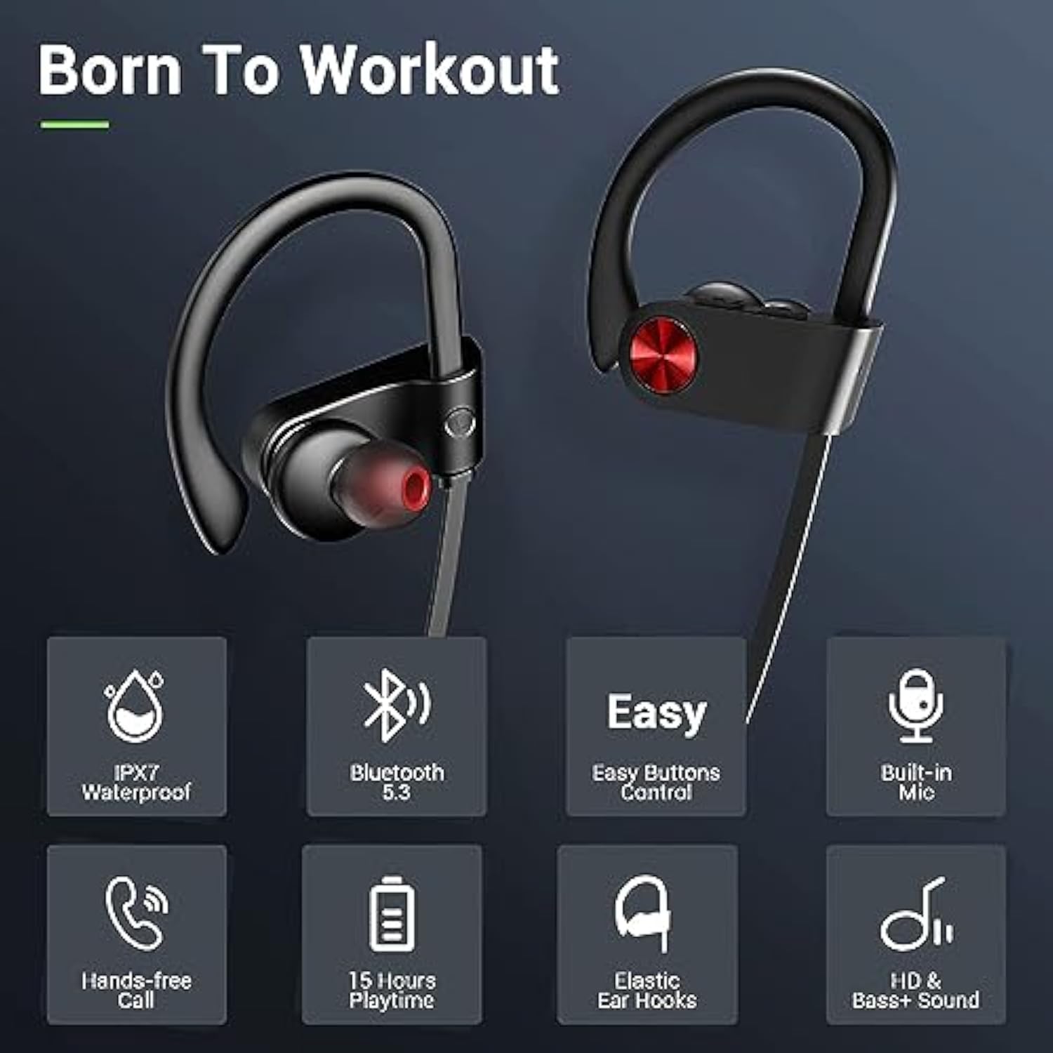Bluetooth Headphones, Bluetooth 5.3 Ipx7 Waterproof Wireless Sports Earbuds For Workout Gym, 16 Hrs Playtime Running Headphones With Noise Cancelling Mic, Hifi Bass Stereo Inear Earphones