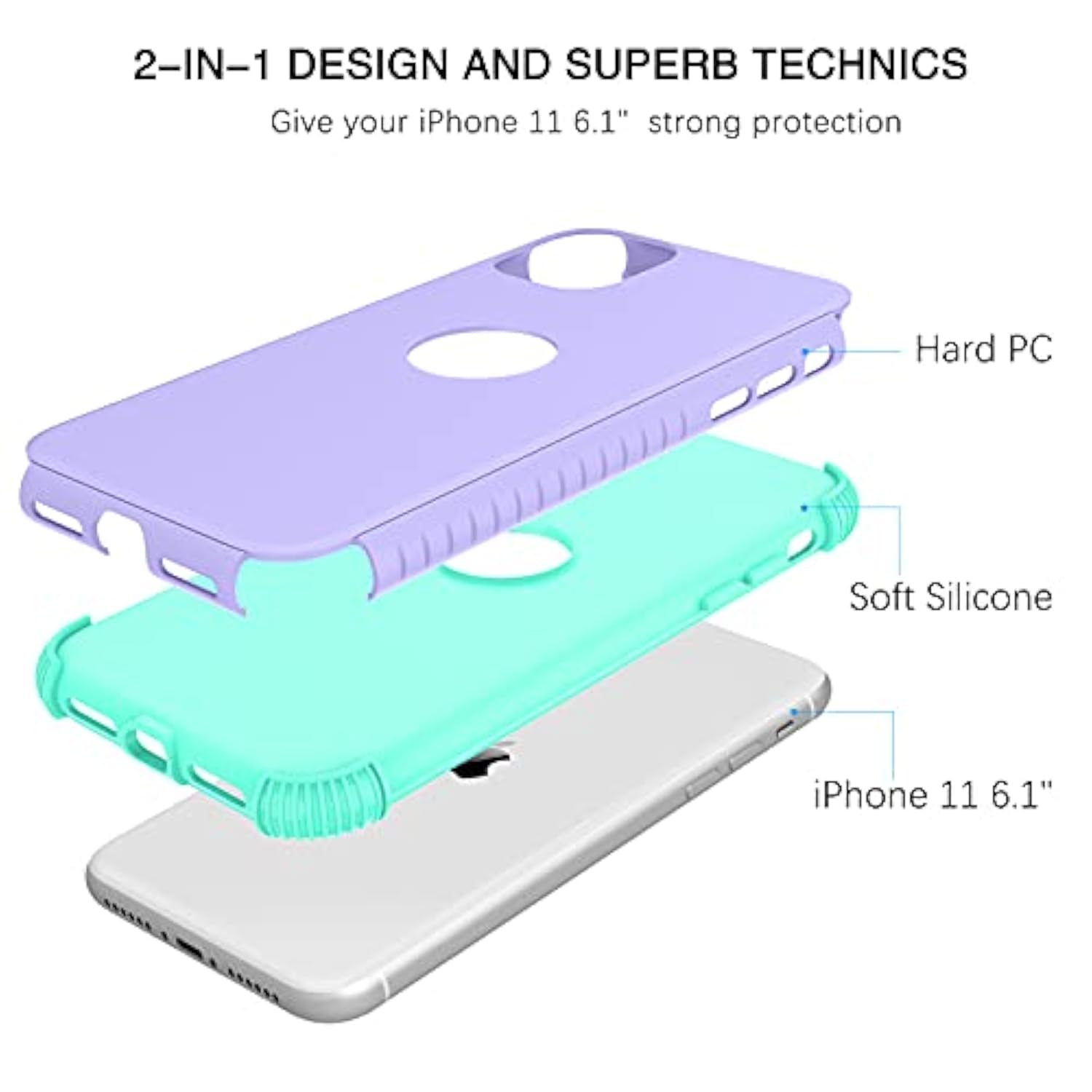 For 11 Phone Case, Heavy Duty 2 In 1 Full Body Rugged Shockproof Protection Hybrid Hard Pc Bumper Drop Protective Girls Women Boy Men, Purple/Mint