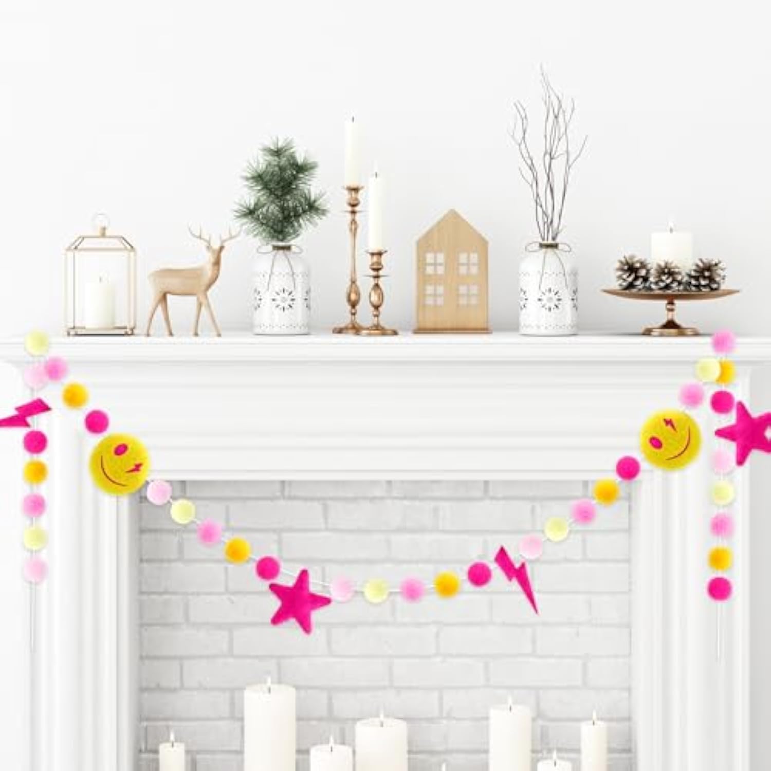 Preppy Felt Banner 3D Pink Face Lighting Star Banner Felt Ball Garland Pre-Assembled Preppy Theme Bunting Garland For Back To School Dorm Classroom Hanging Decoration Party Supplies