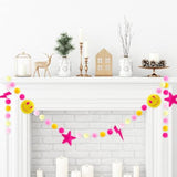 Preppy Felt Banner 3D Pink Face Lighting Star Banner Felt Ball Garland Pre-Assembled Preppy Theme Bunting Garland For Back To School Dorm Classroom Hanging Decoration Party Supplies