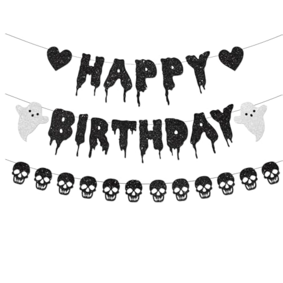 Black Glitter Halloween Birthday Banner Skull Heart Garland Party Decoration