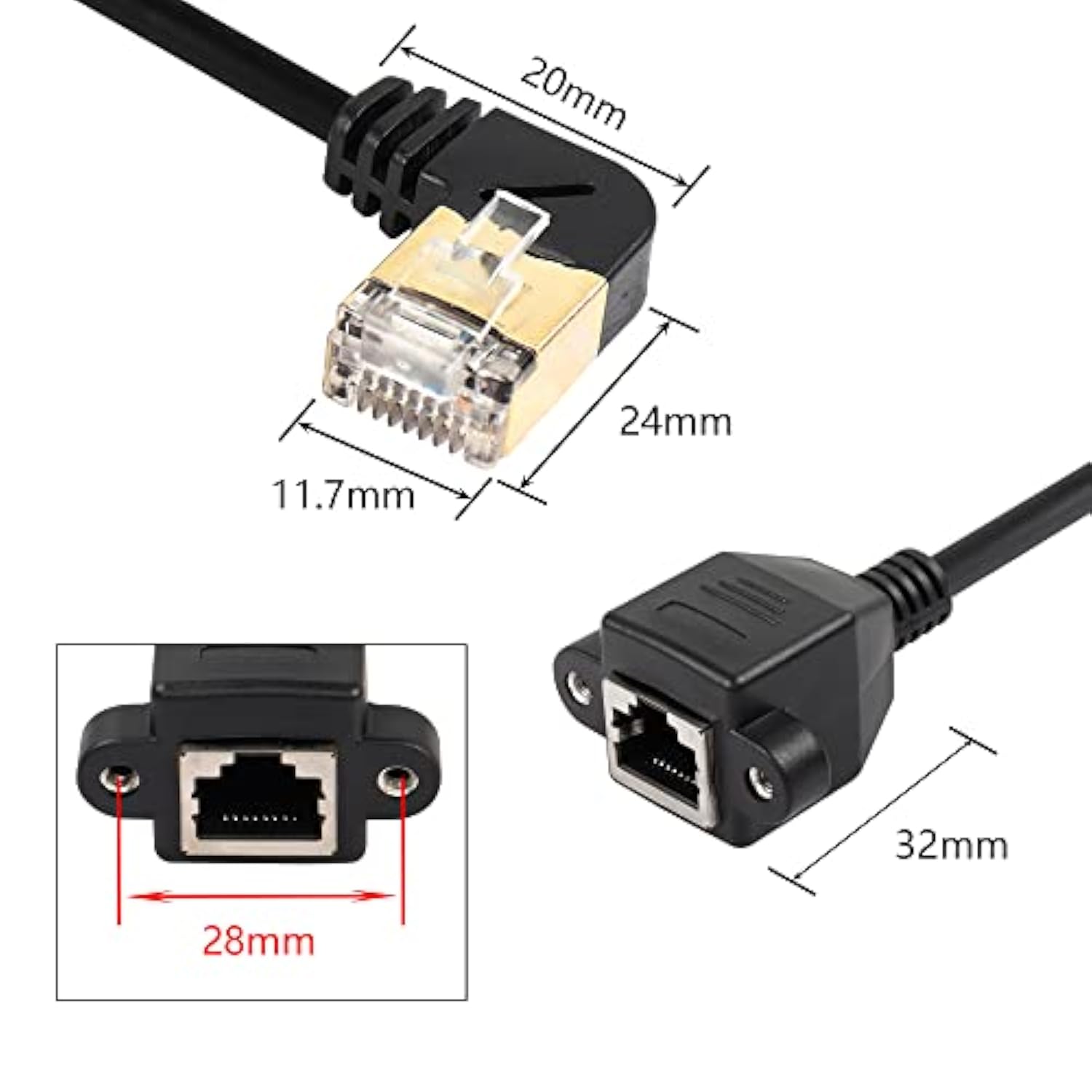 90 Degree Right Angle Cat8 Lan Cable, Rj45 Male To Female Shielded Ethernet Ne