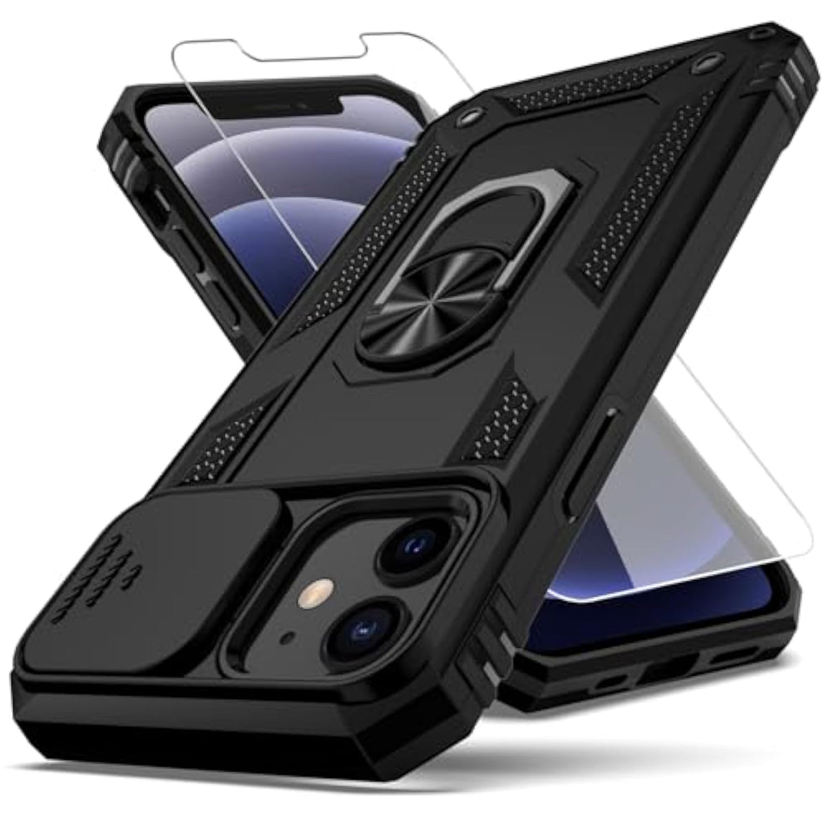For Iphone 12 Case,With Camera Lens Cover Hd Screen Protector,[ Grade] Ring Car Mount Kickstand Hybrid Hard Pc Soft Tpu Shockproof Protective Case For Iphone 12, Black