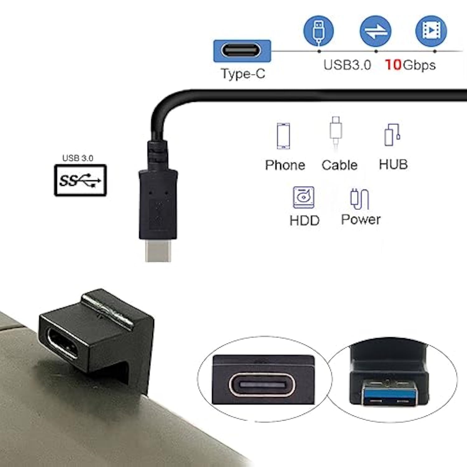 Usb-C Type C Female Opposite U Shape Back Angled To Usb 3.0 A Male Data Adapte