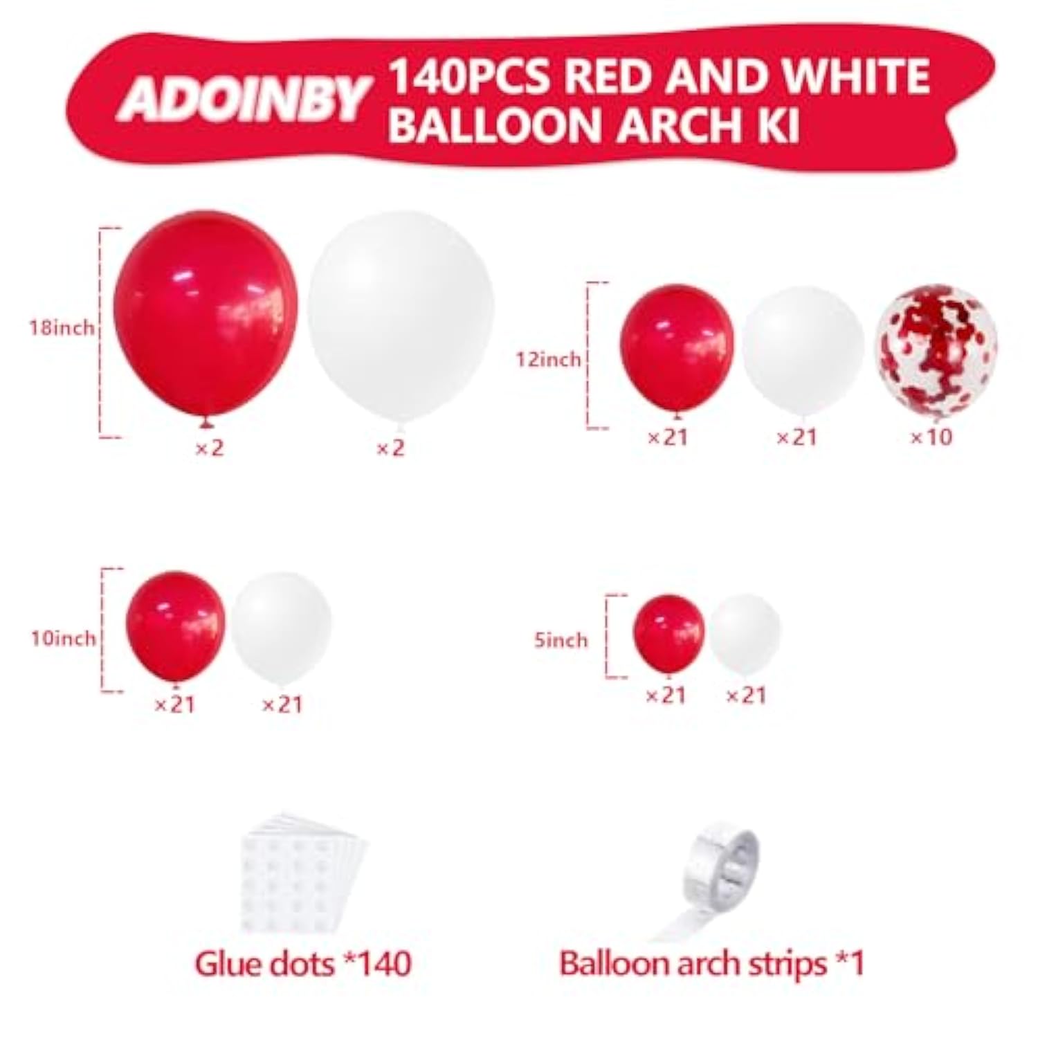 140pcs Red and White Balloon Arch Kit for Birthday, Wedding, Baby Shower Decor