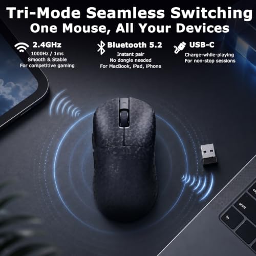 Ajazz Aj199 Wireless Gaming Mouse, Carbon Fiber Shell, Tri-Mode 2.4G/Bluetooth/Usb-C, 58G Ultra-Lightweight, Paw3311 Sensor Up To 24000 Dpi, 500Mah Battery For Pc/Mac/Game/Travel, Black