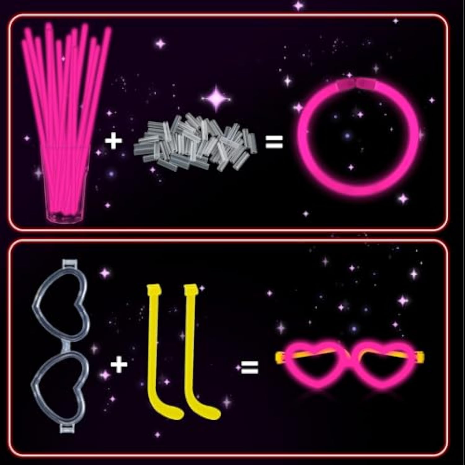 60pcs 8in Pink Glow Sticks with Connectors Heart Glasses Party Supplies