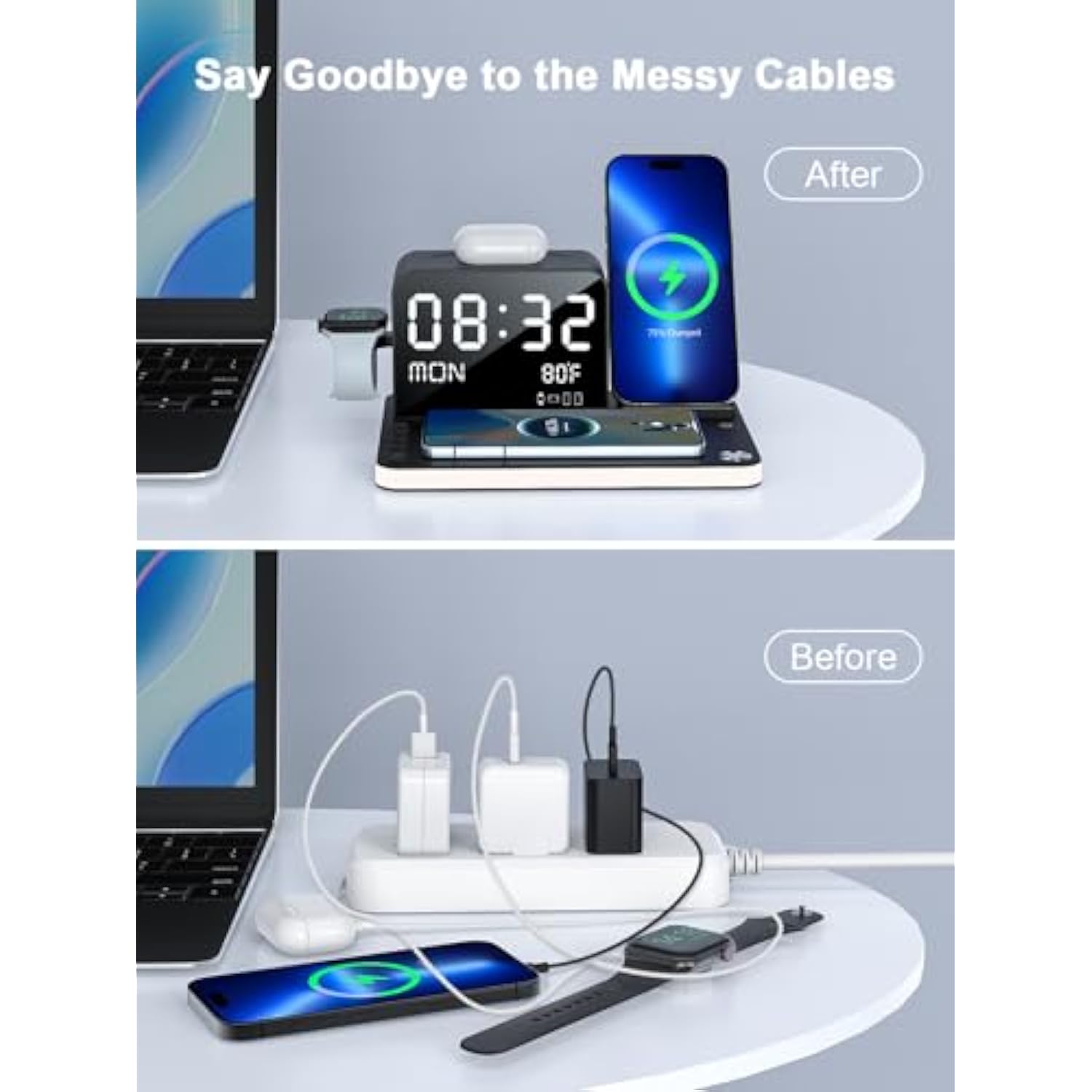 7 In 1 Wireless Charging Station For Apple Device Wireless Charger With Night Light Bluetooth Timesync Temperature 33W Fast Charger For Iphone 16/15/14/13/12 Pro Max Android Phone Airpods Apple Watch