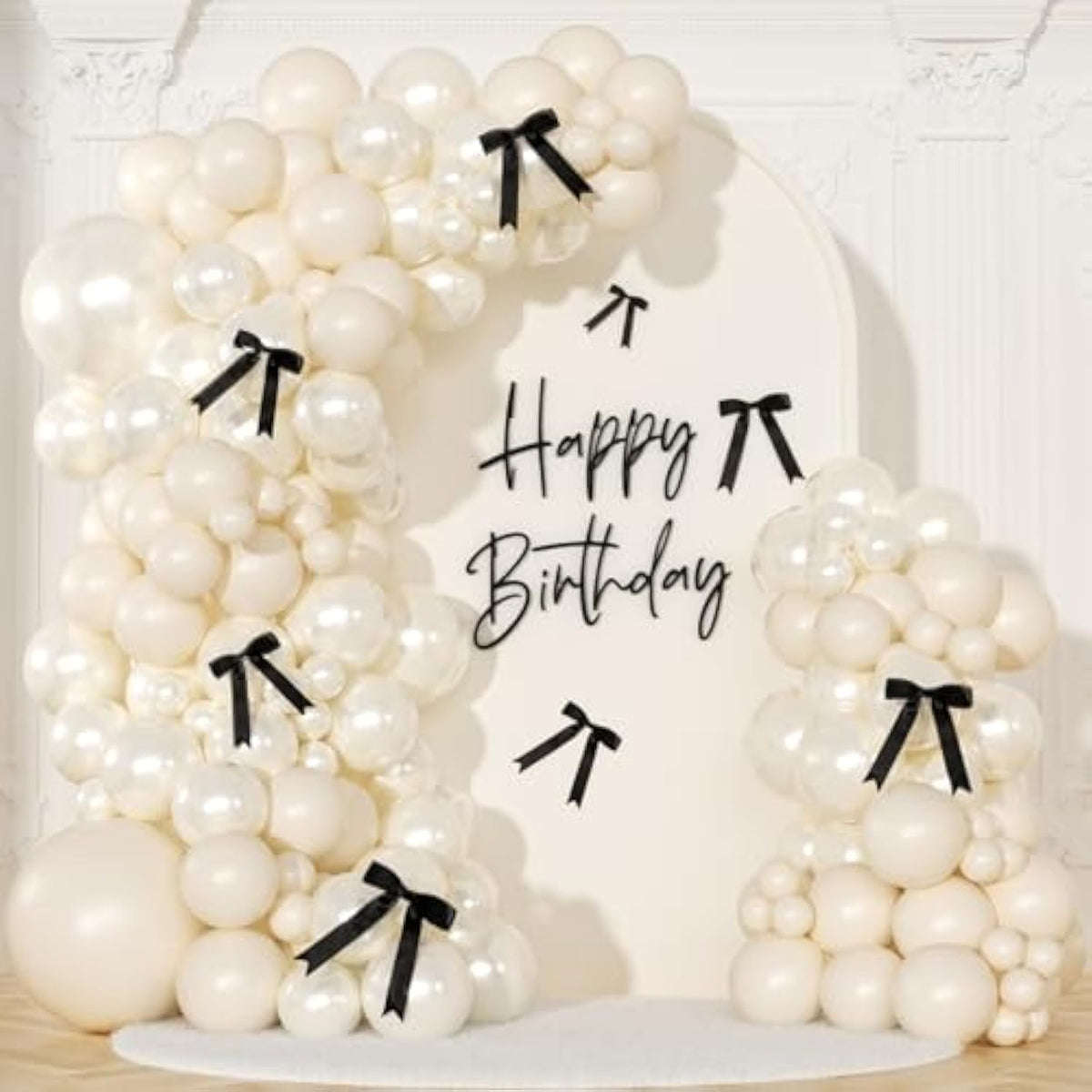 141pcs White Balloon Arch Kit with Pearl White Balloons & Black Bows for Parties