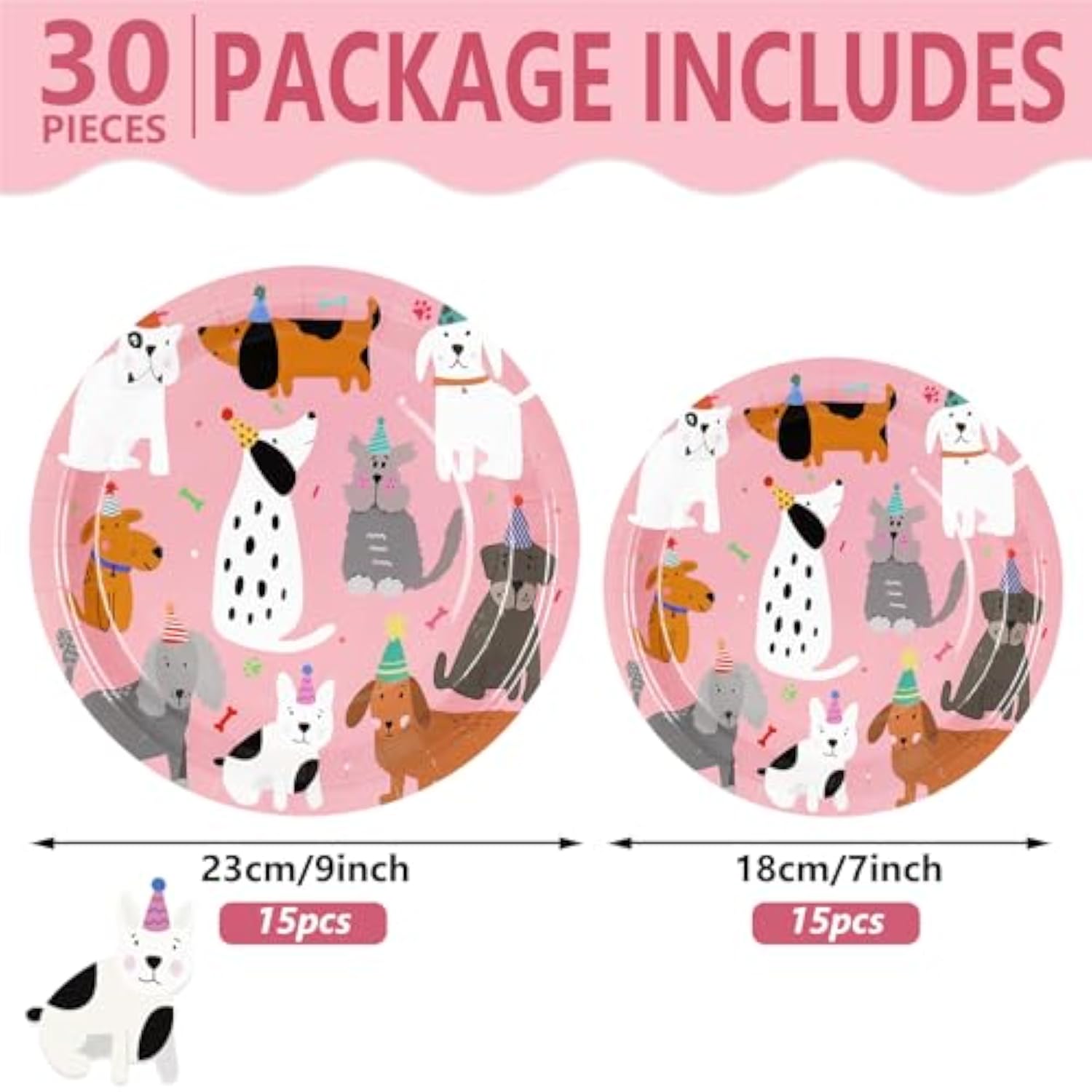 30Pcs Dog Theme Paper Plate Pink Puppy Disposable Plates 9" & 7" Cute Cartoon Dinner Plates For Animal Pet Party Table Decor Supplies