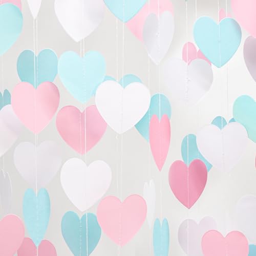 Blue Pink White Party-Decorations Gender-Reveal - 52Ft Paper Heart Garland Streamer Banner Birthday Decorations Baby Shower Decorations Gender Neutral Decorations Bridal Wedding