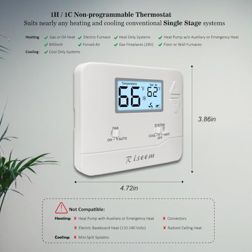 Nonprogrammable Thermostat For Home, Single-Stage Systems,Digital Energy-Saving Thermostat,1 Heat/1 Cool, Easy Diy Install,White Backlight