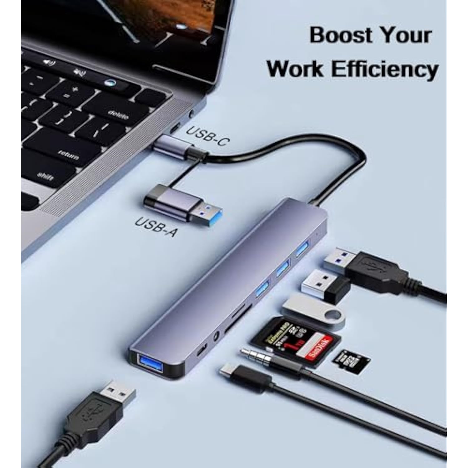 7 Port Usb 3.0 Hub, Aluminium Usb C To Usb 3.0 Hub Usb Splitter For Macbook, M