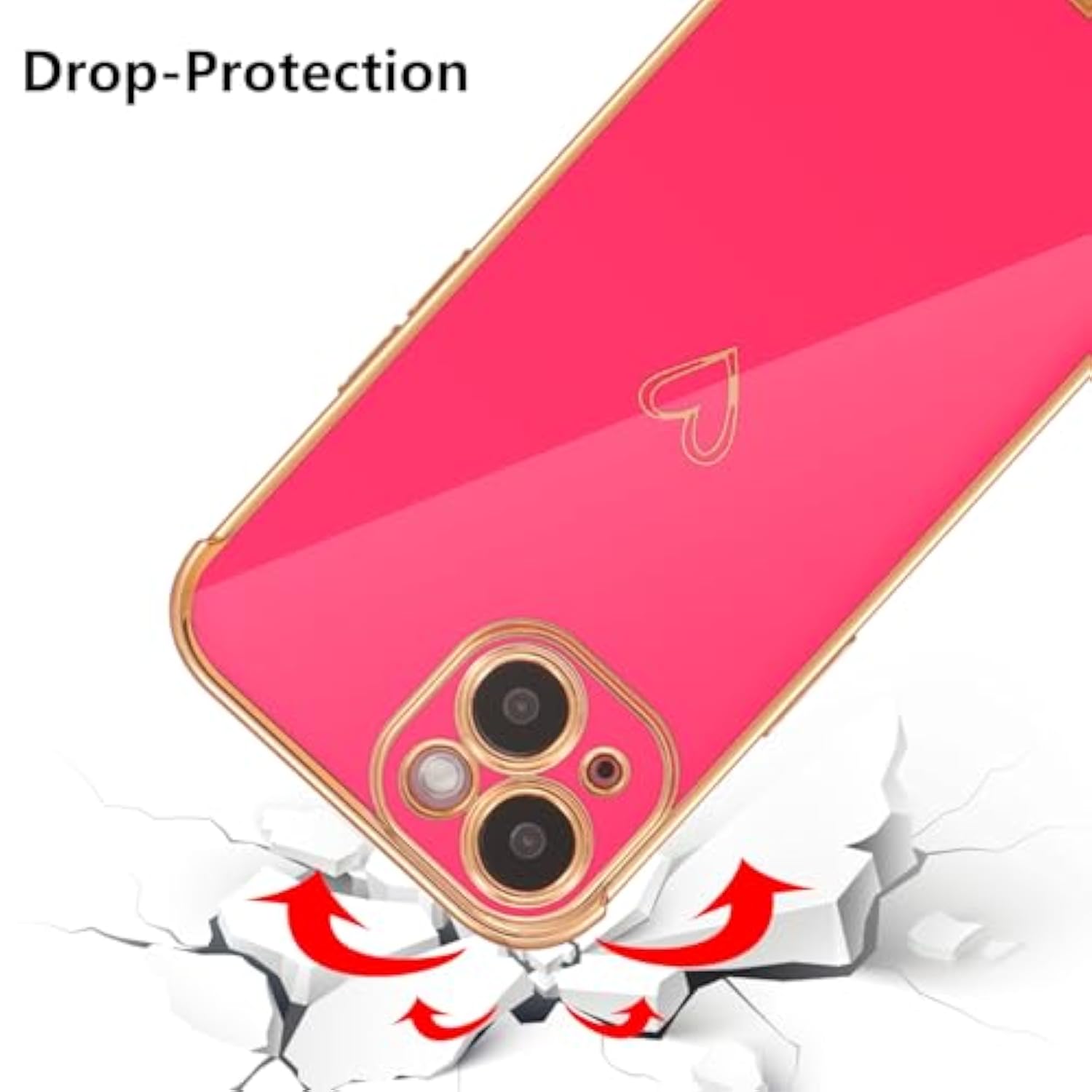 Designed For Iphone 14 Case 6.1 Inch,Cute Plating Edge Love Hearts Pattern With Camera Lens Protection Phone Cover For Girls Women,Hot Pink