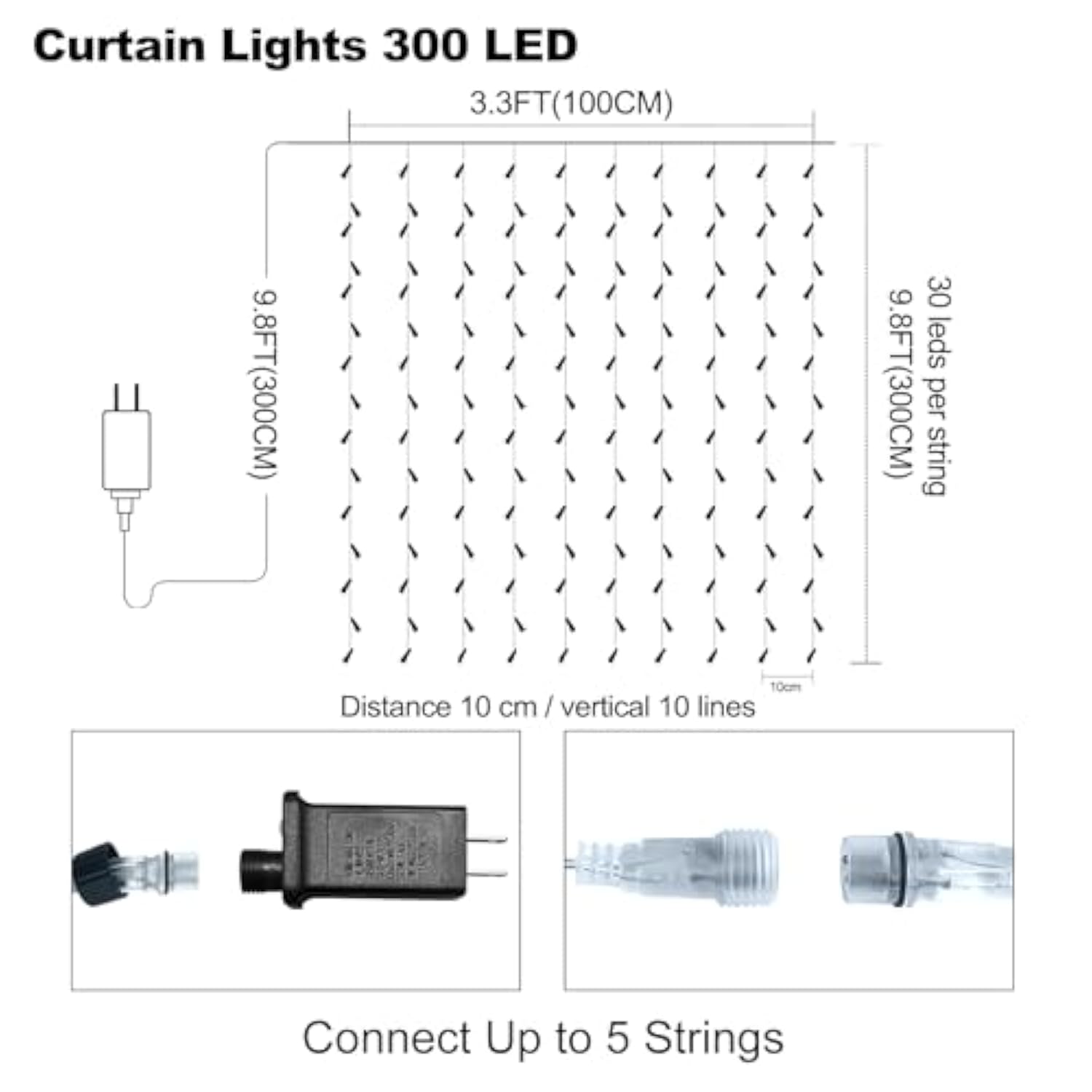 300 Led Curtain Lights 9.8Ft Plug-In Fairy Curtain Lights With 8 Modes, Connectable Indoor/Outdoor For Christmas Decorat