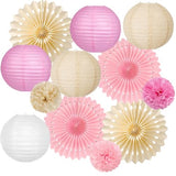 Pink and Beige Party Decorations Set, Hanging Paper Lanterns, Tissue Paper Pom Poms and Paper Fans for Baby Shower, Birthday, Wedding and Bridal Shower Party Decor