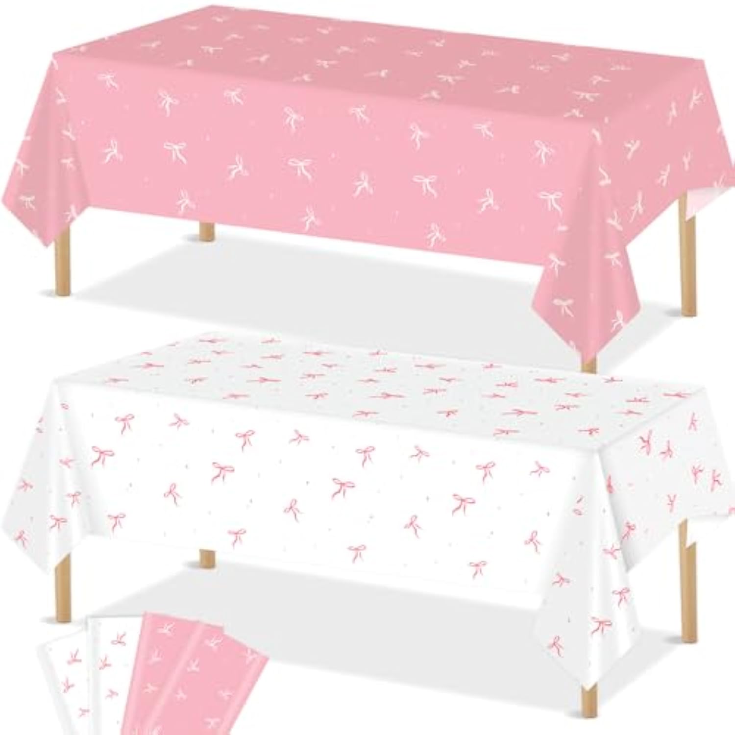 4 Pieces Pink Bow Tablecloths Theme Tablecover For Birthday Party, Girl Bachelorette, Bridal Baby Shower, Coquette Party - Plastic Disposable Rectangle Table Covers Decorations Supplies