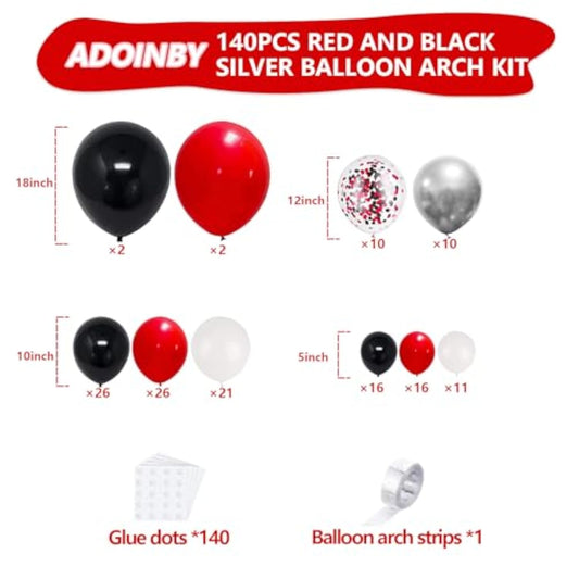 Red Black And White Balloon Arch Kit, 140Pcs Red And Black White Silver Garland Kit, 18 12 10 5 Inch Different Size Balloons For Birthday Party Anniversary Racing Car New Year Prom Decorations