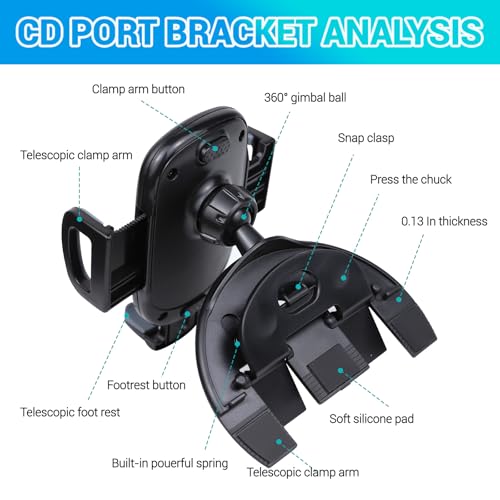 CD Phone Holder for Car, Phone Mount for CD Slot, 360° Rotation CD Player Cell Phone Mount, Adjustable CD Slot Phones Mount Holder for All