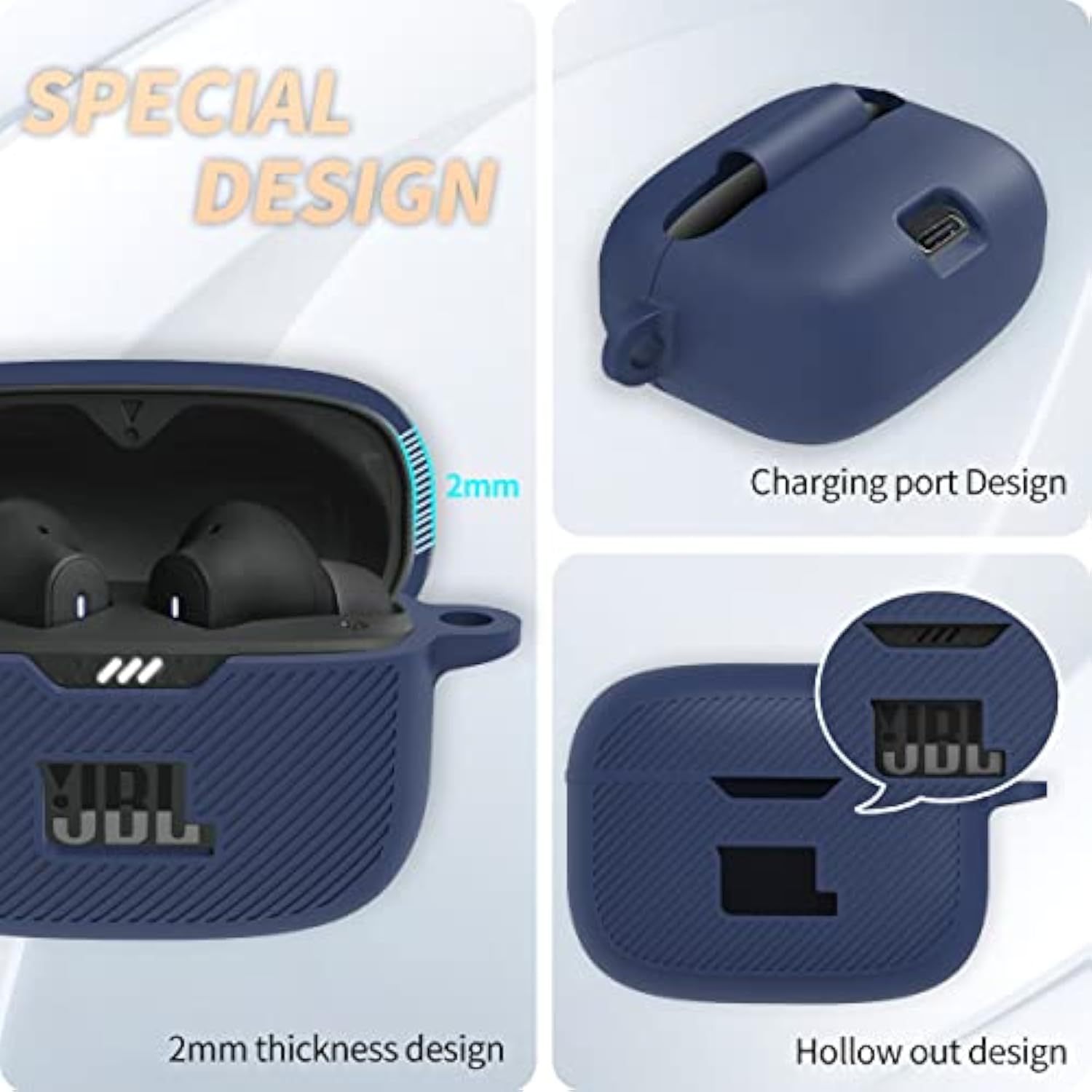 For Jbl Tune 230Nc Tws Case Cover, Silicone Protective Portable Scratch Shock Resistant Cover Only Compatible With Jbl 230Nc Earbuds Charging Case With Carabiner(Blue)