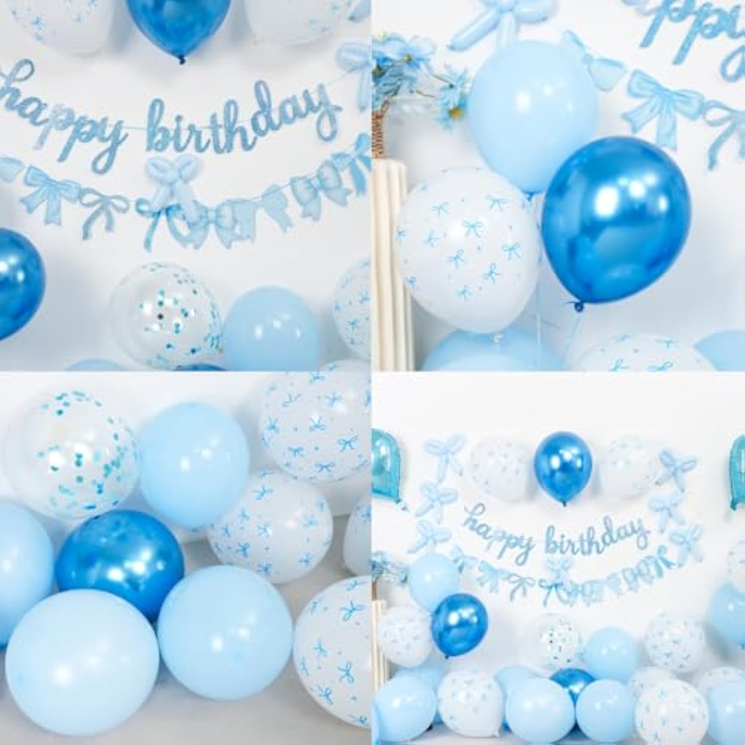 Blue Bow Birthday Decorations,Bow Coquette Party Decorations With Blue Happy Birthday Banner Bow Balloons Heart Foil Balloons For Girls Women Baby Shower Bow Theme Decor