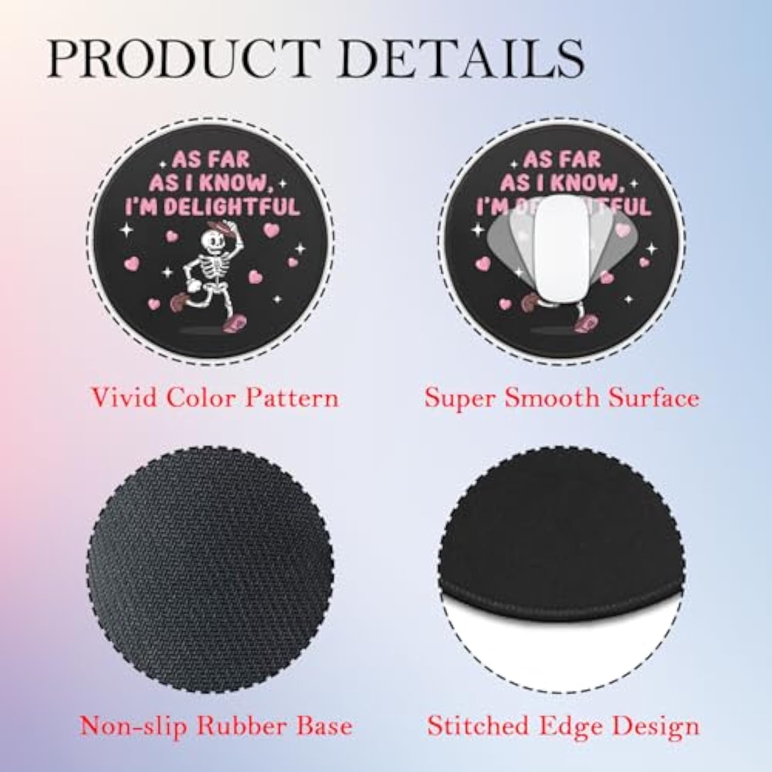 Funny Skeleton Round Mouse Pad, As Far As I Know I'M Delightful Mousepad For Desk, Small Mouse Mat With Non-Slip Rubber Base, Office Decor Gifts For Women, Work Humor Gifts For Colleague