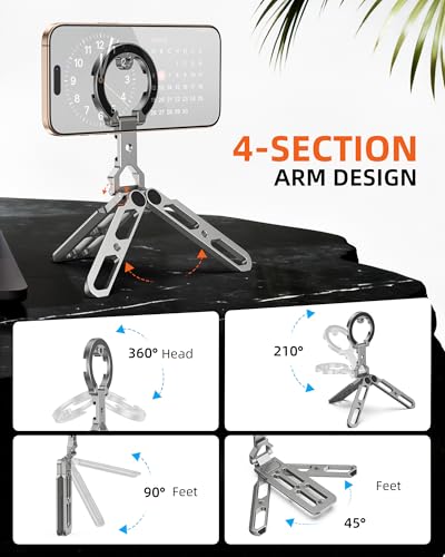 Magnetic Aluminum Phone Tripod Holder Mount Stand Handle with 1/4" Srcew & Cold Shoe & Arca-Swiss,Mini Pocket Foldable Cell Phone Stand,Compatible