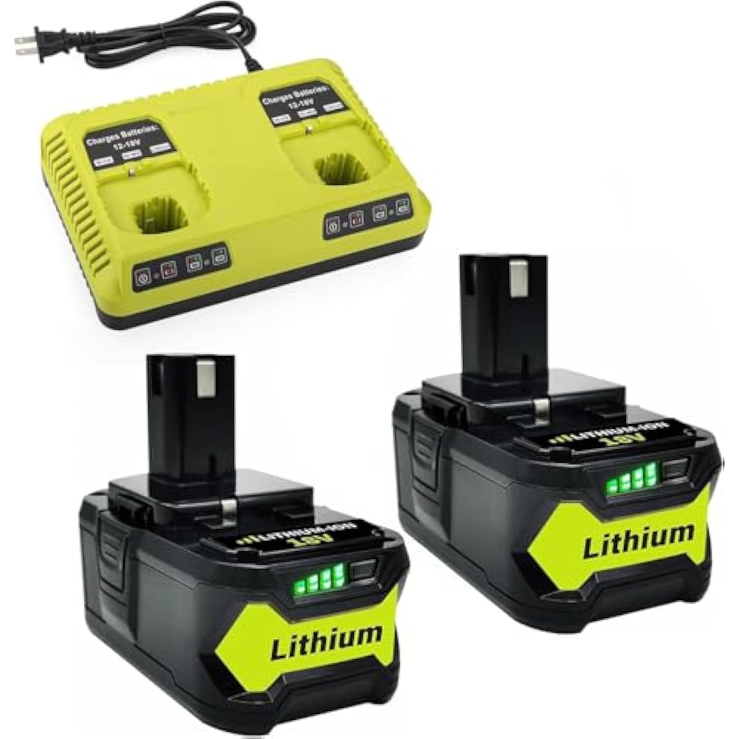 2Pack 8.0Ah Replacement For Ryobi 18V Battery For Ryobi One+ P108 P107 P105 P104 P103, With P117 2-Port Ryobi 18V Battery Charger