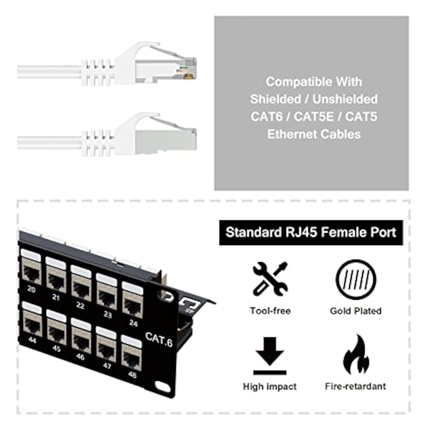 48 Port Rj45 Through Coupler 2U Cat6 Shielded Patch Panel Stp 19-Inch With Bac