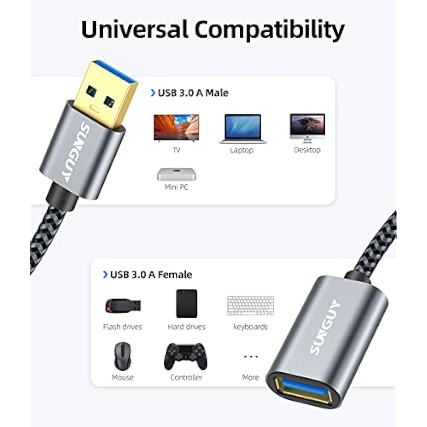 5Gbps Usb 3.0 Extension Cable, 1Ft Usb A Male To Female Extender Cord, Braided High Data Transfer Compatible With Xbox, Hard Drive, Webcam, Usb Keyboard, Mouse, Flash Drive, Oculus Vr