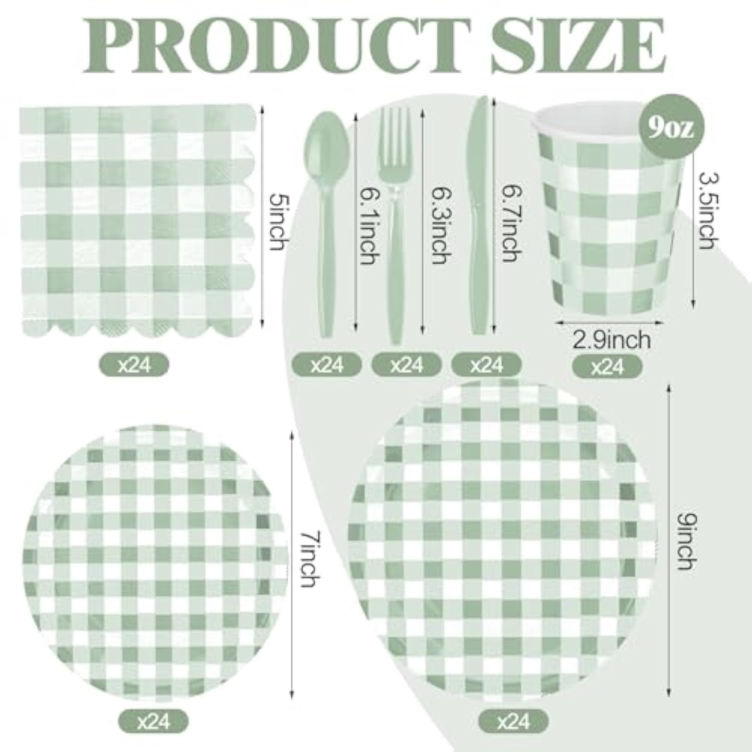 168 Pcs Gingham Party Supplies For 24 Guests Paper Plates Knives Spoons Forks Napkins Cups Disposable Set Cutlery For Checkered Dinner Wedding Party Favor(Sage Green)