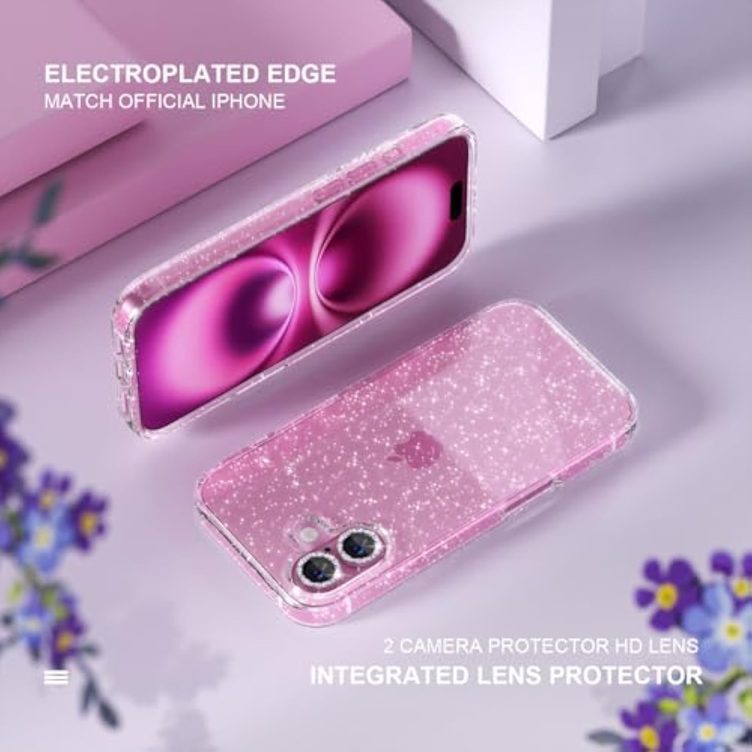 iPhone 16 Clear Glitter Case with Screen & Camera Protectors 6.1in