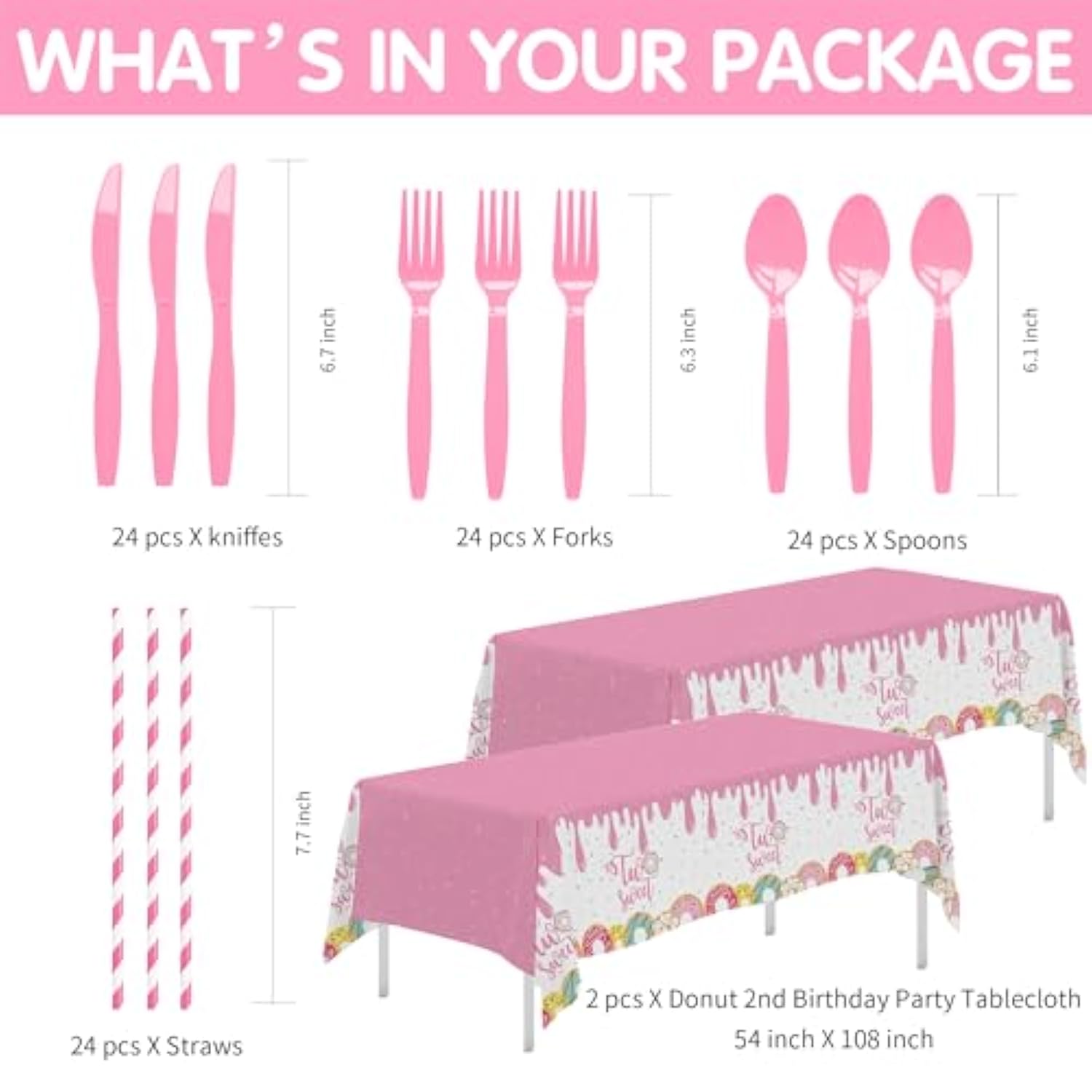 Donut Two Sweet Birthday Decorations Tableware Girl - Pink Donut 2Nd Birthday Party Supplies, Paper Plate, Cup, Napkin, Tablecloth, Disposable Cutlery | Serves 24