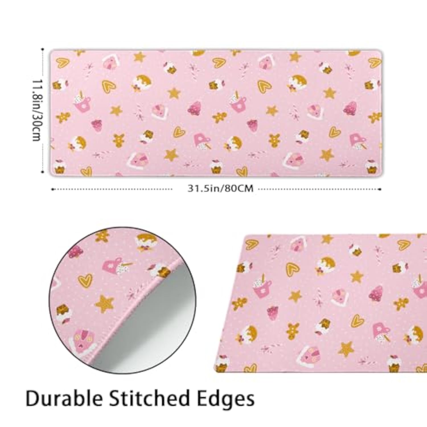 Pink Christmas Gaming Mouse Pad Xl Cute Kawaii Cupcake Gingerbread Extended Big Large Desk Mat Non-Slip Rubber Base Stitched Edge Xmas Holiday Long Keyboard Mousepad For Computer Laptop,31.5×11.8 In