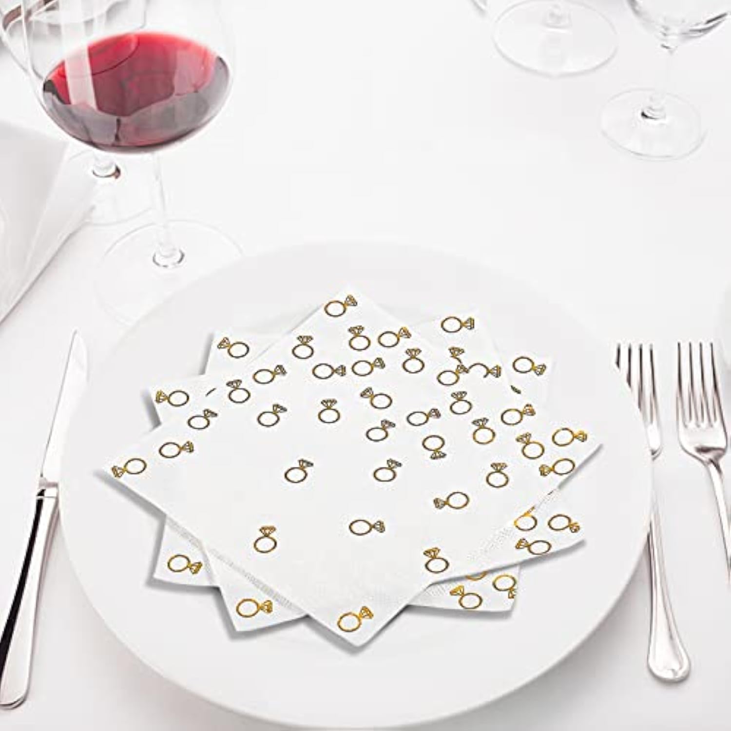 100 Pack 6.3X6.3 Inch Gold Diamond Ring Napkins - 2-Ply Cocktail Napkins Bar Napkins Disposable Party Napkins Paper Napkins Dinner For Bridal Shower Engagement Party Party Decor Valentines Day